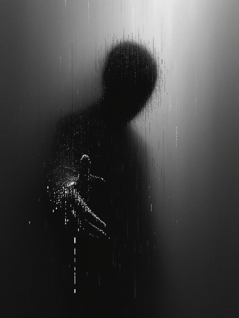 Monochrome Glitch Figure Emerges From Pixelated Wall