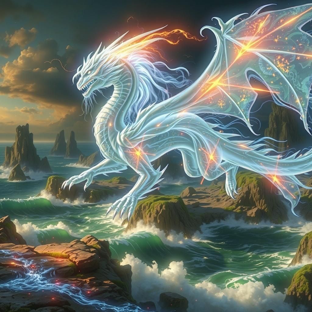Luminous Dragon Gliding Above Rocky Coastline