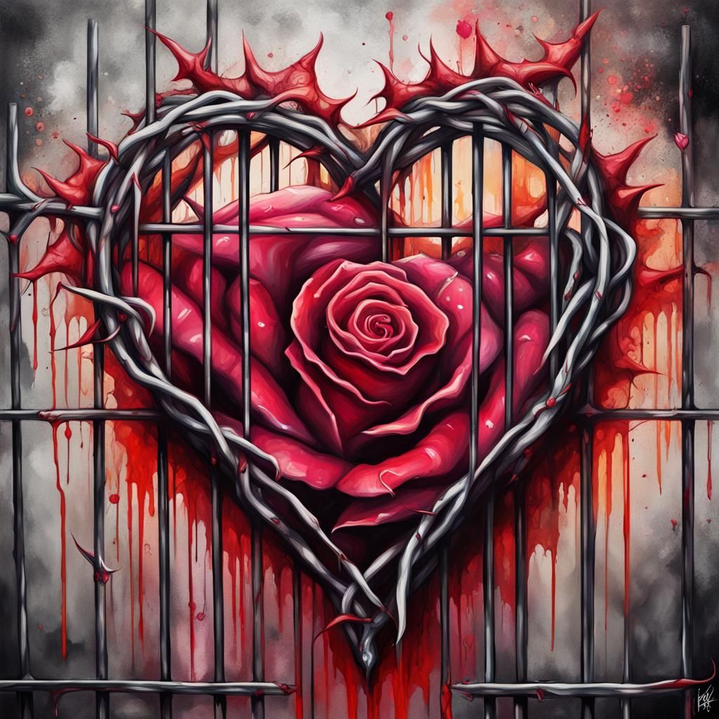 Rose Thorns Around Caged Heart in Graffiti Art