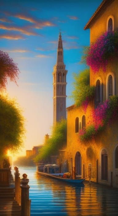 Venetian Sunset View with Wine, Romantic Style