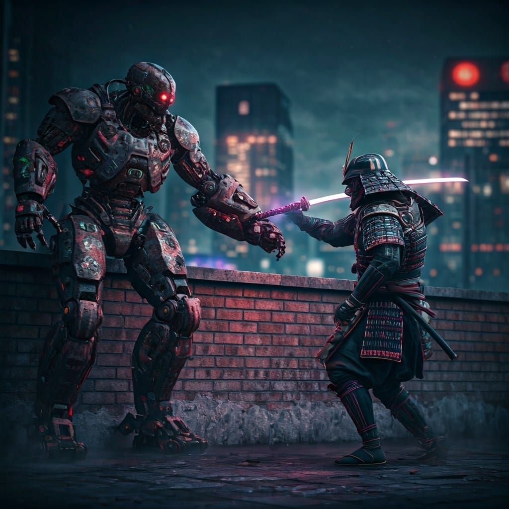 Samurai vs Robot in Misty Tokyo, Cyberpunk Style