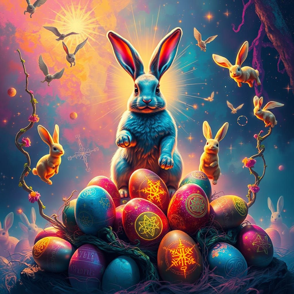 Surreal Easter Bunny Deity Radiates Cosmic Rainbow Light