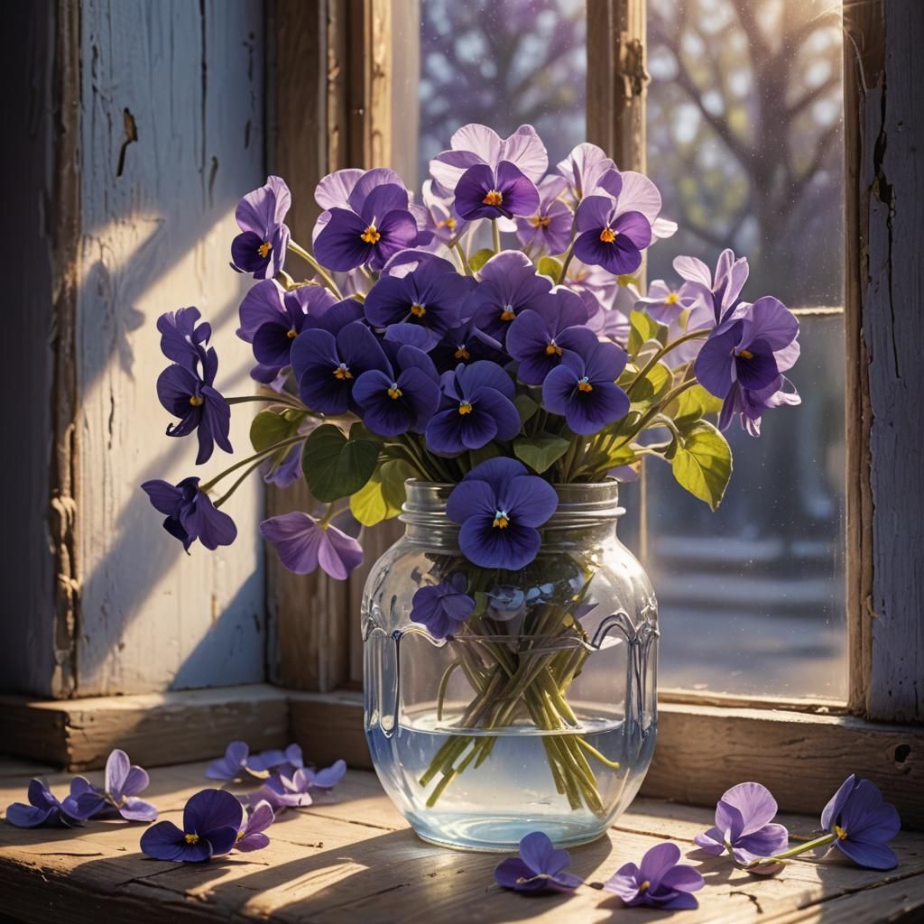 Violets in Glass Jar: Cinematic Digital Painting