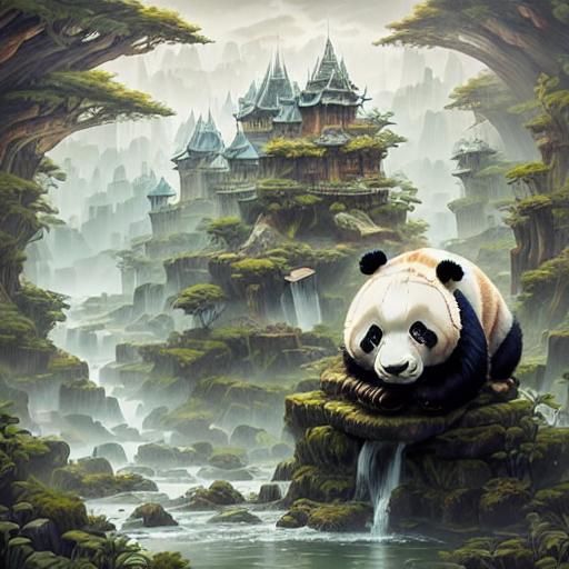 Pastel Panda in Emerald Flora, Anime-Inspired Digital Art