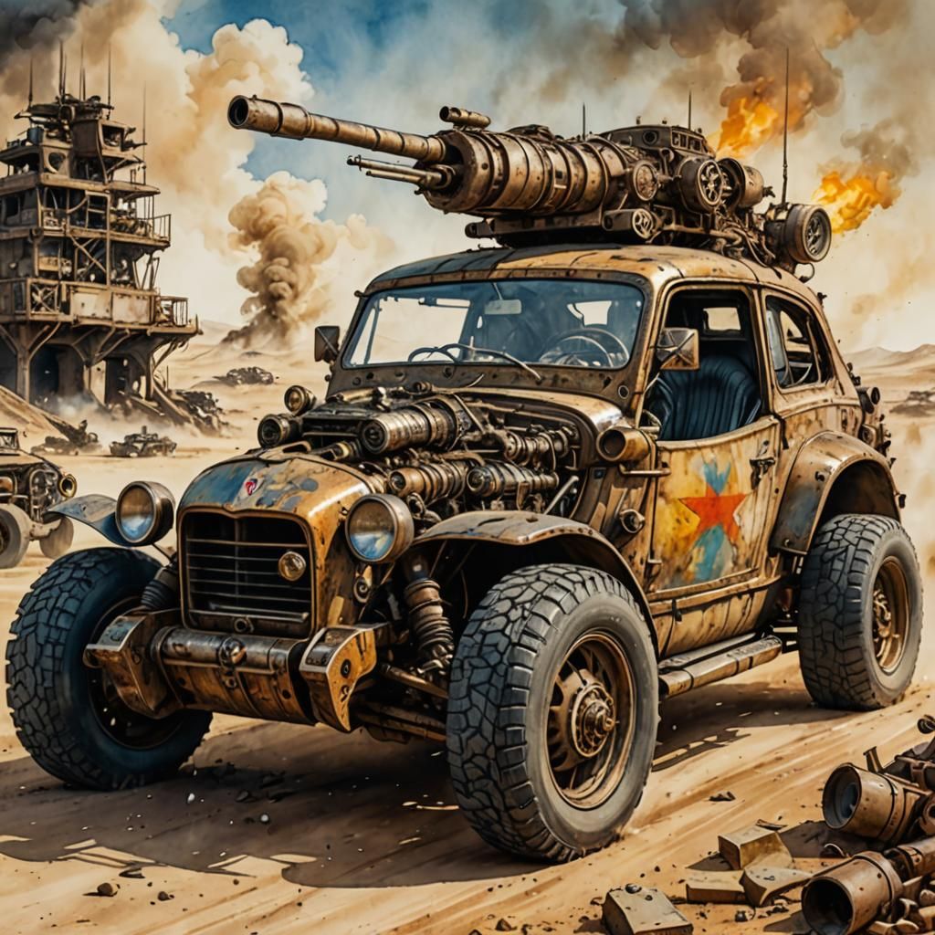 Post-Apocalyptic Battlecar Hotrod in Watercolor Style