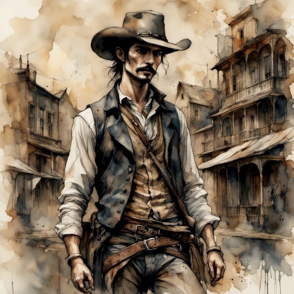 Handsome Cowboy in Gun Battle in Vintage Western Town