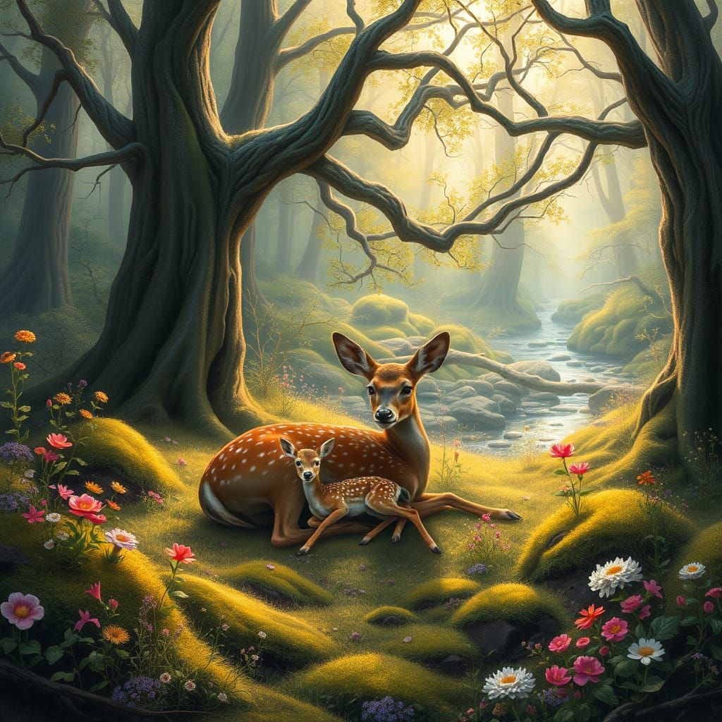 Majestic Doe and Fawn in Lush Enchanted Forest Scene
