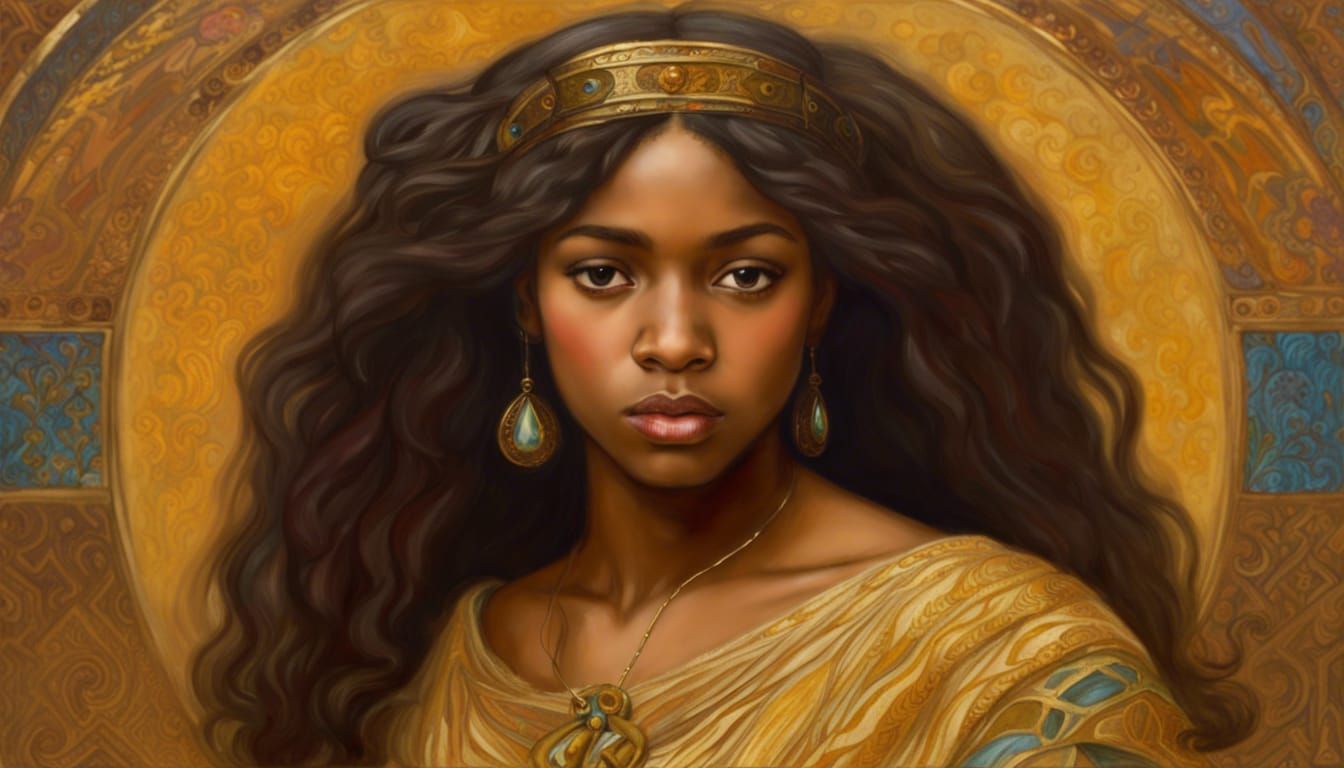 African American Princess in Gold, Pre-Raphaelite Style