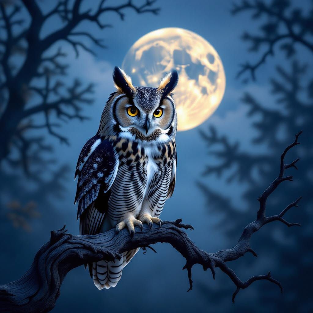 Great Horned Owl in Misty Forest, Photorealistic Style