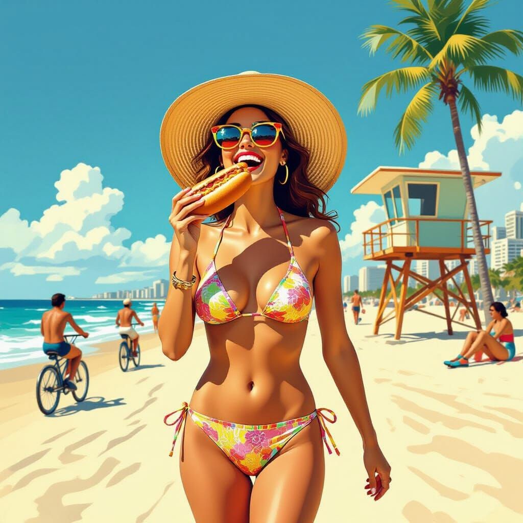 Woman in Bikini Eats Hot Dog on Sunny Boardwalk