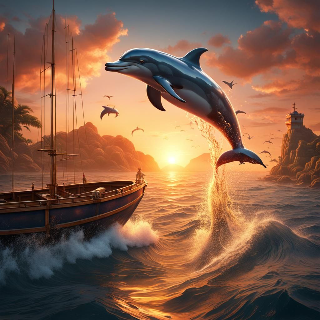 Sunset Dolphin Jump: Detailed Digital Painting