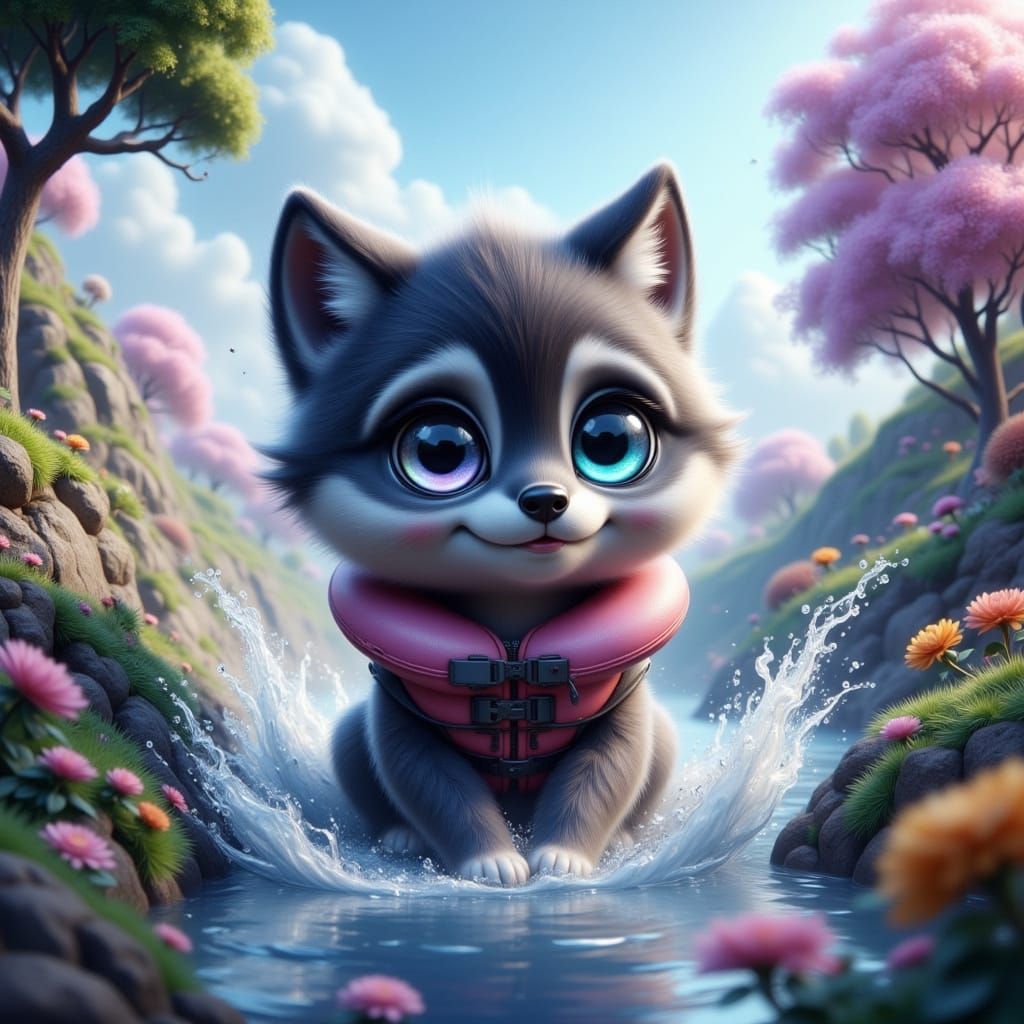 Surreal Fantasy Wolf in Vibrant Bohemian Landscape with Swir...