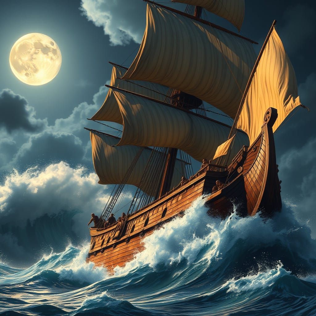 Medieval Sailing Vessel Battles Stormy Waters Under Full Moo...