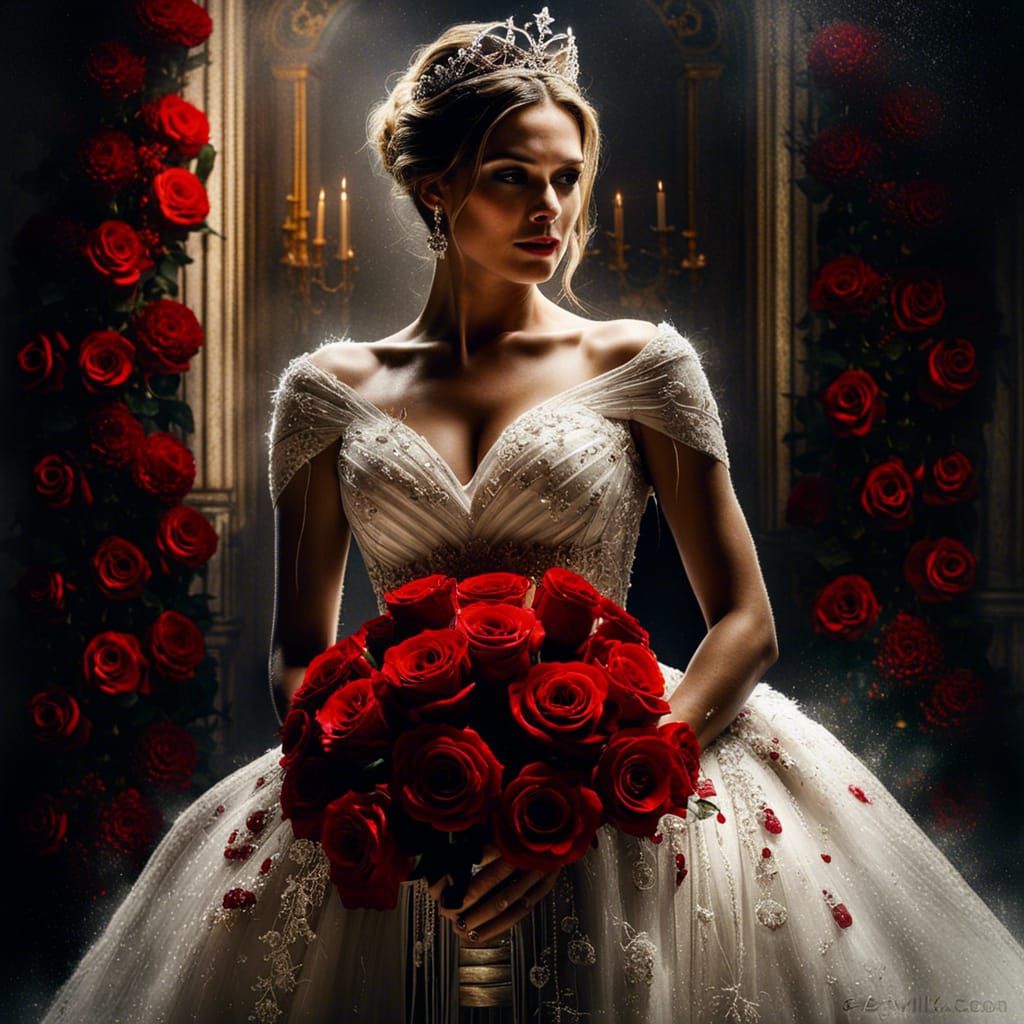 Woman in Wedding Dress with Roses: Hyperrealistic Film Still