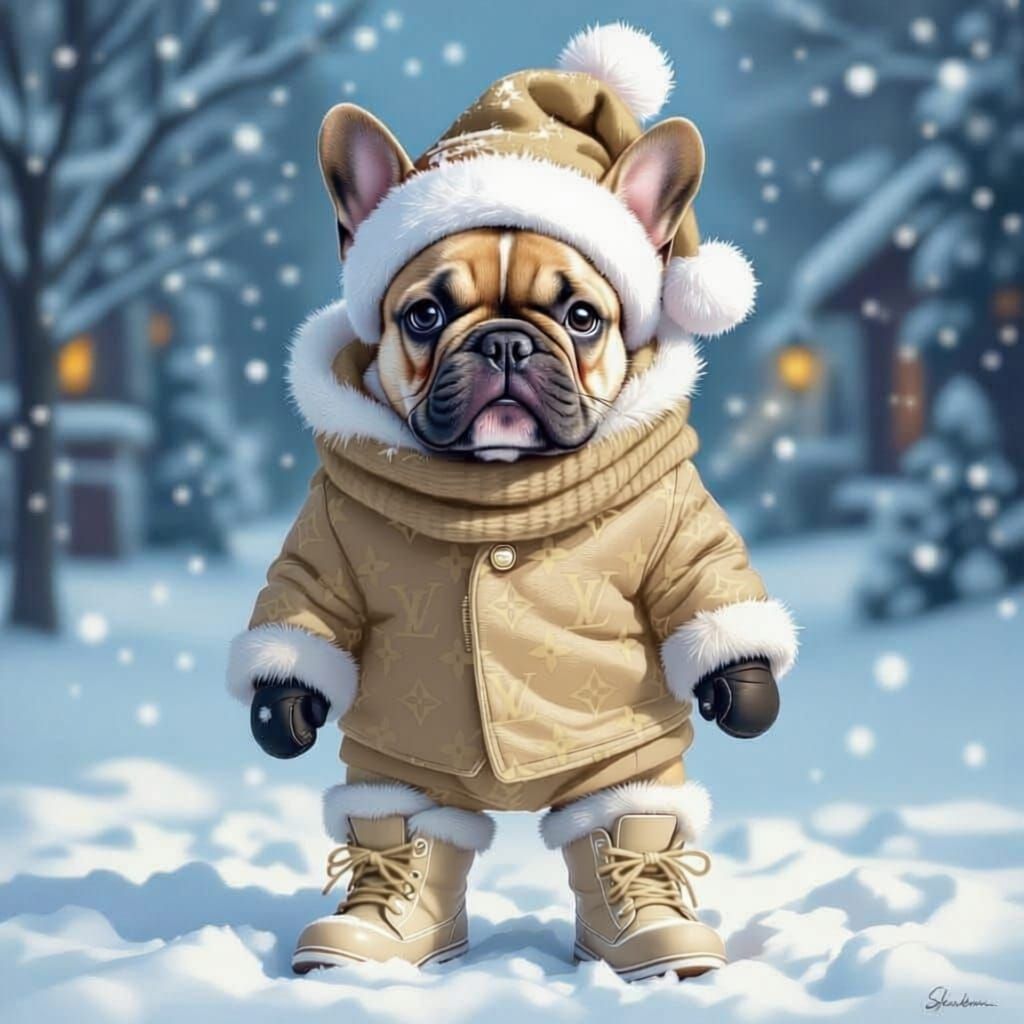 French Bulldog in Louis Vuitton Christmas Outfit