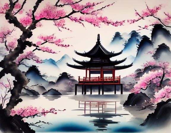 Serene Pagoda Amidst Vibrant Cherry Blossoms
