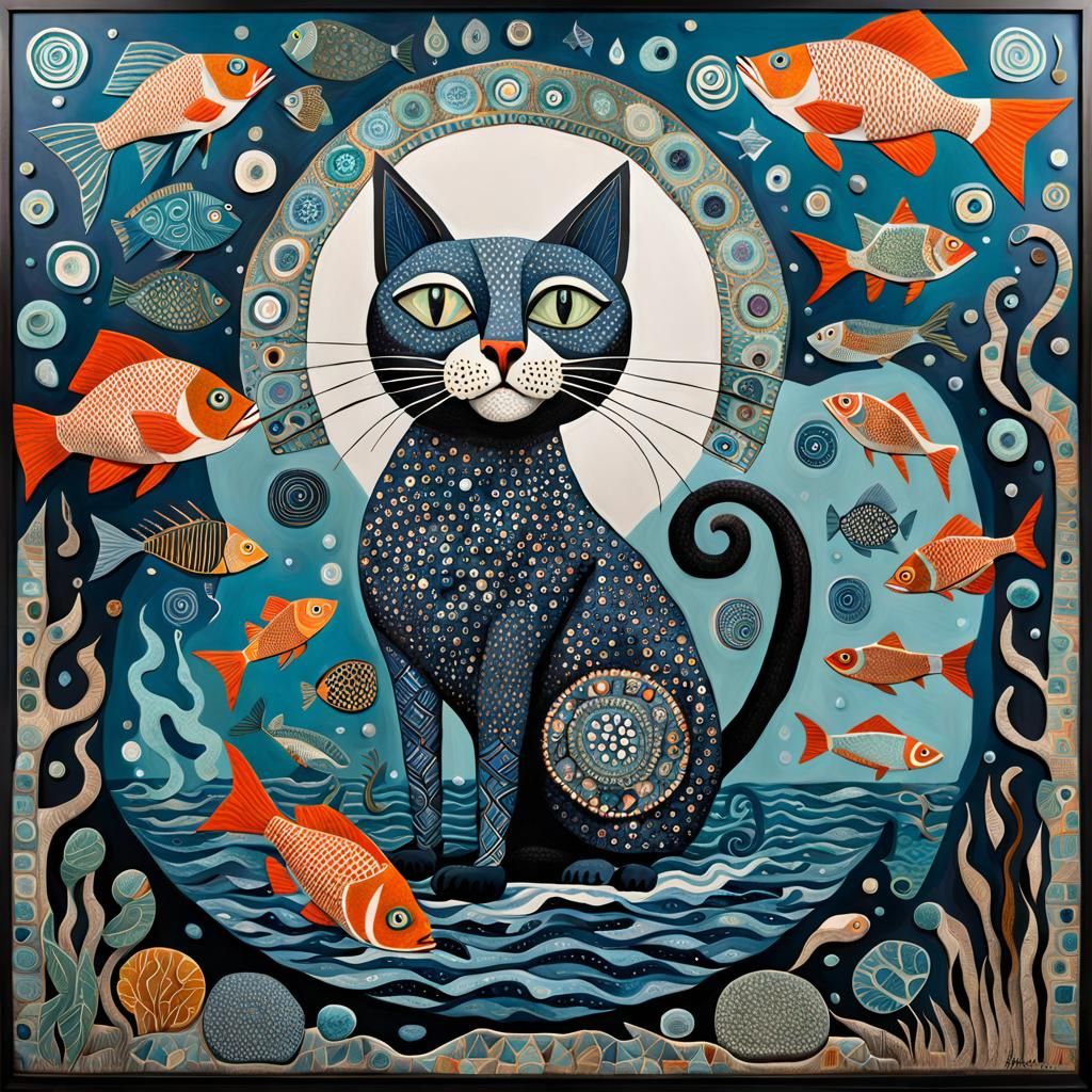 Whimsical Cat Juggling Fish in 3D Art Style