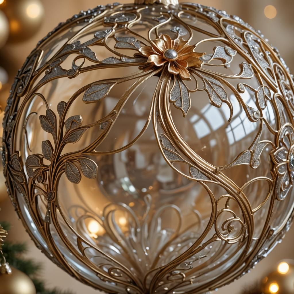 Ornate Art Nouveau Christmas Ball with Golden Glass and Meta...