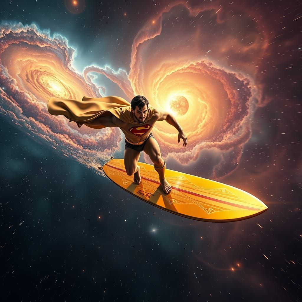 Hercules Superman Surfs Space on Gold Board in 1917 Style