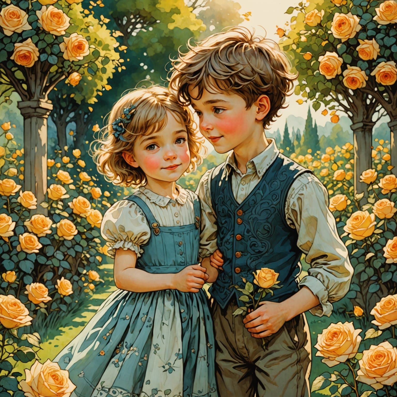 Cheerful Brother and Sister in Radiant Rose Garden