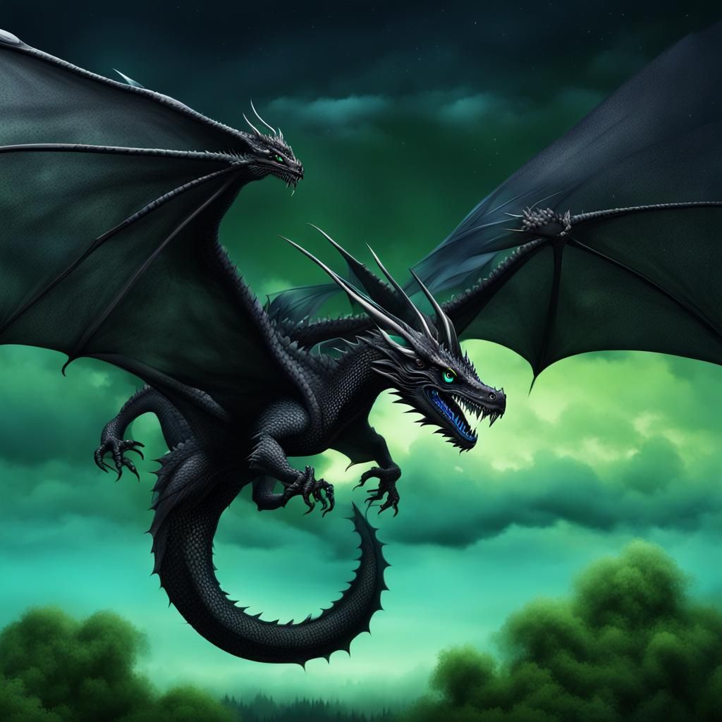 Flying Black Dragon in Green Night Sky