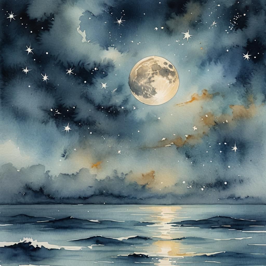 Full Moon Over Ocean in Luminous Watercolor