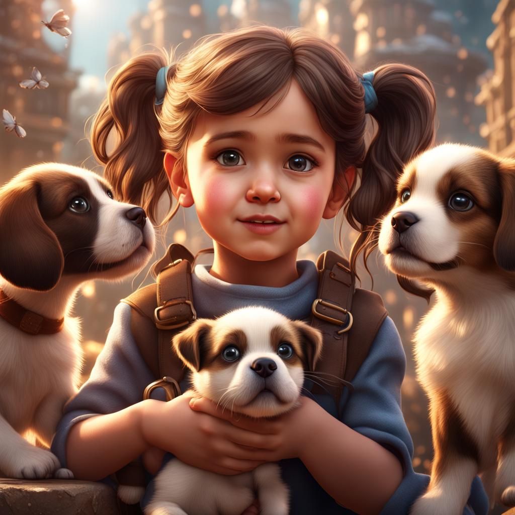 Little Girl Playing with Puppies: 3D Render