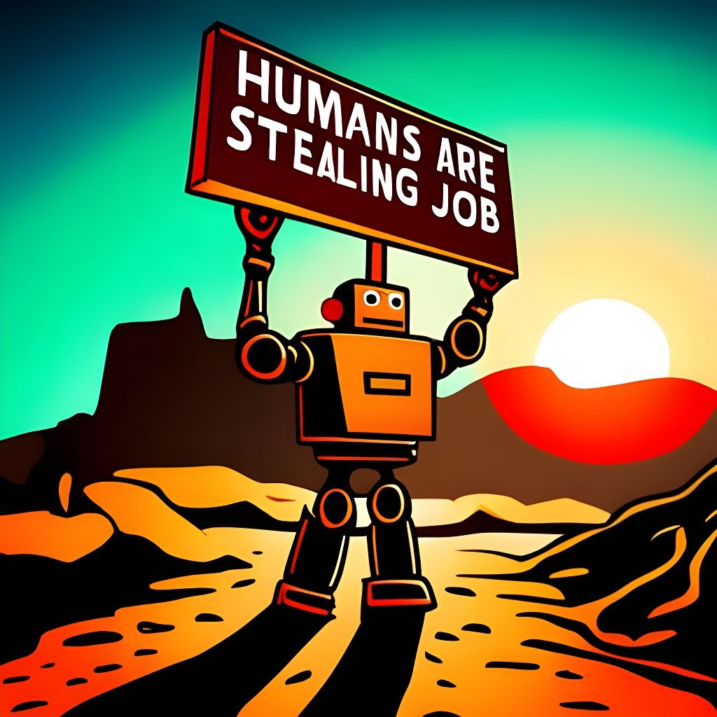 Friendly Robot Protests Job Stealing in Desert Sunrise