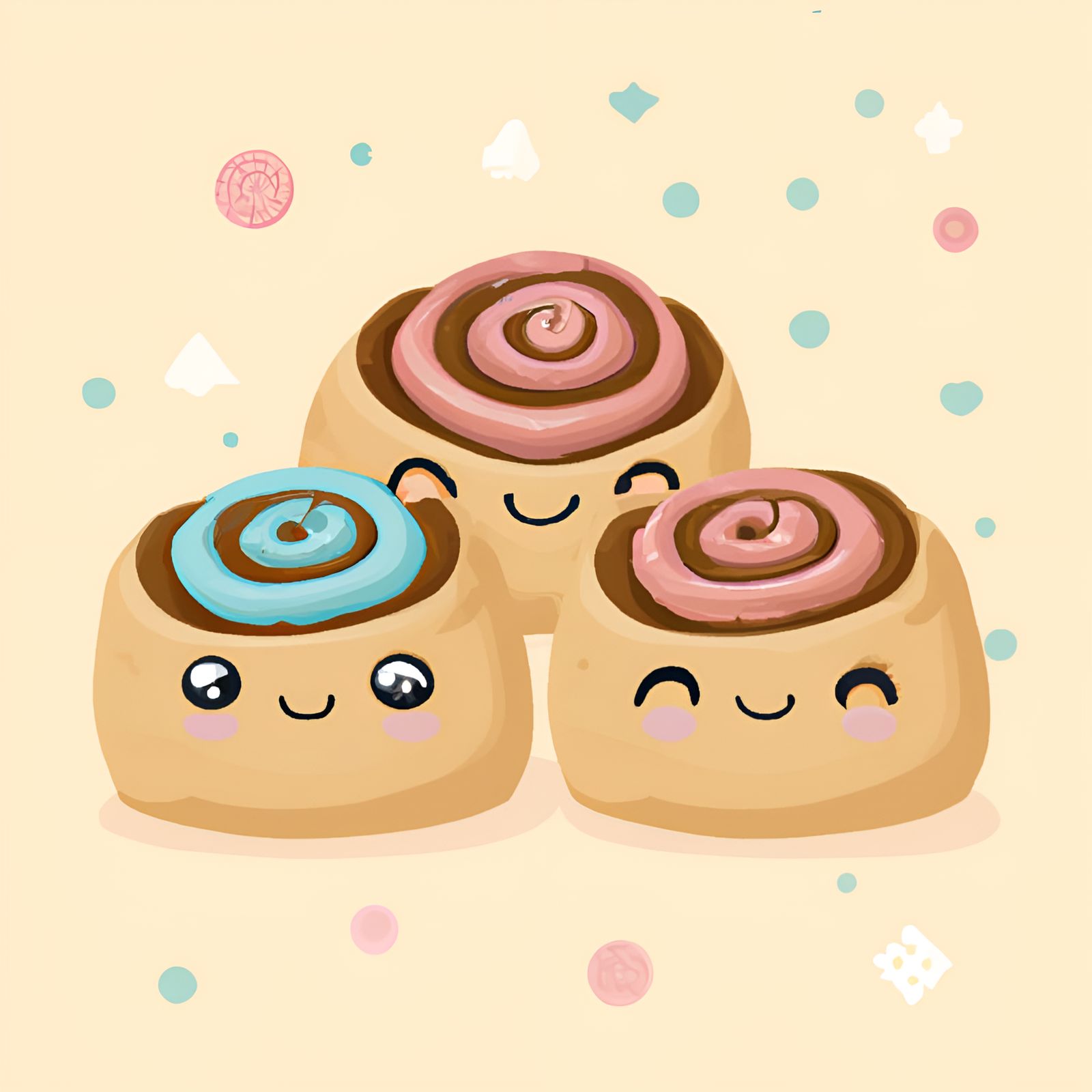Cute Kawaii Trio Of Colorful Pastel Cinnamon Rolls