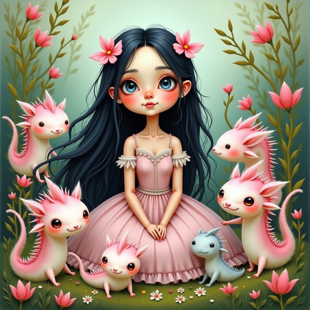 Girl Surrounded by Axolotls in Cartoon Fairytale Style