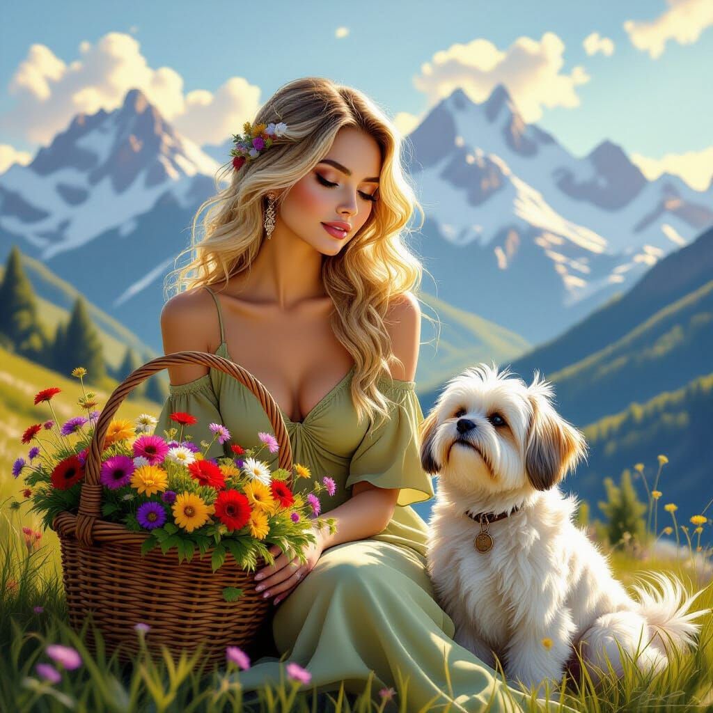 "A breathtaking digital painting depicts a serene woman ador...