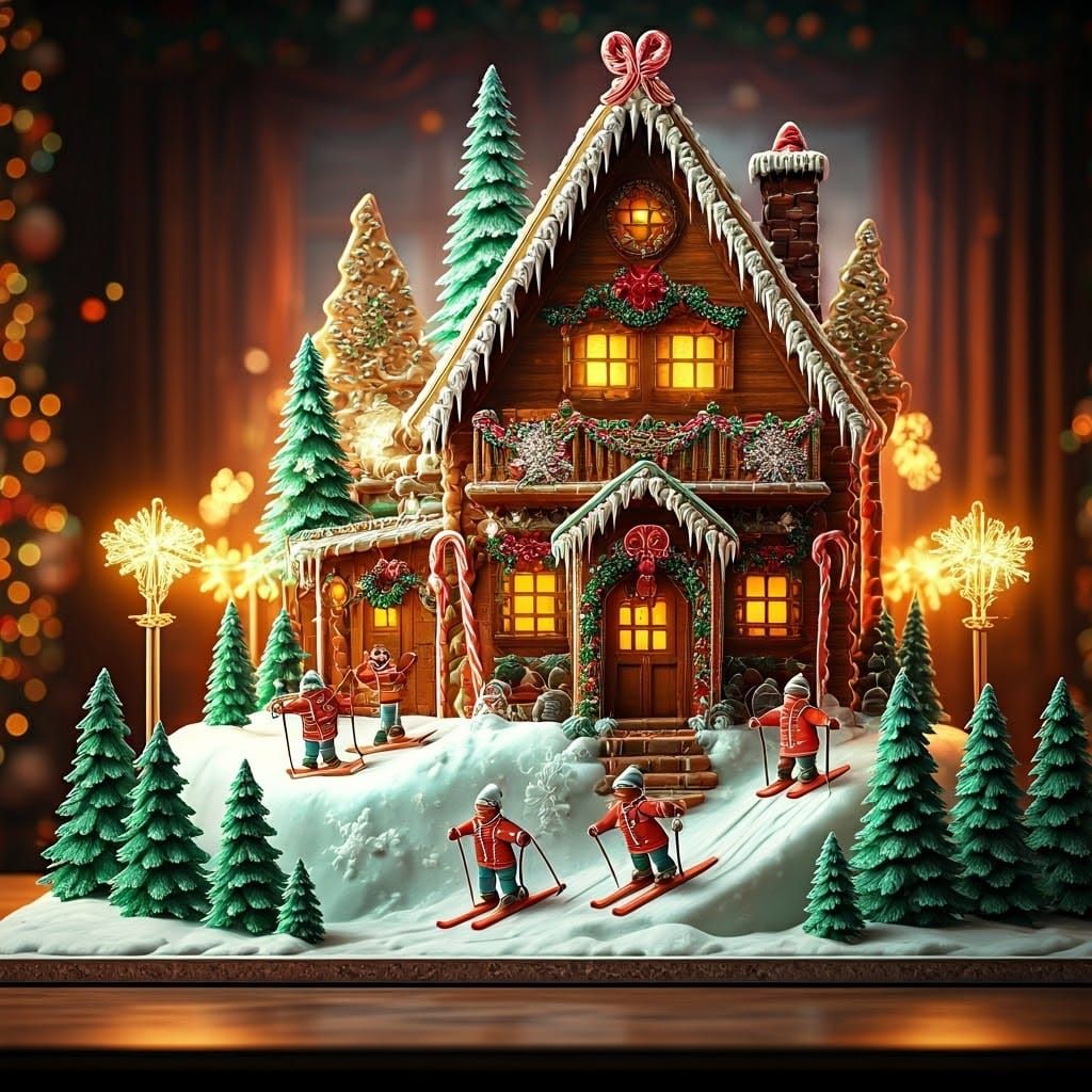 Winter Wonderland Gingerbread Ski Lodge in Hyperrealistic De...