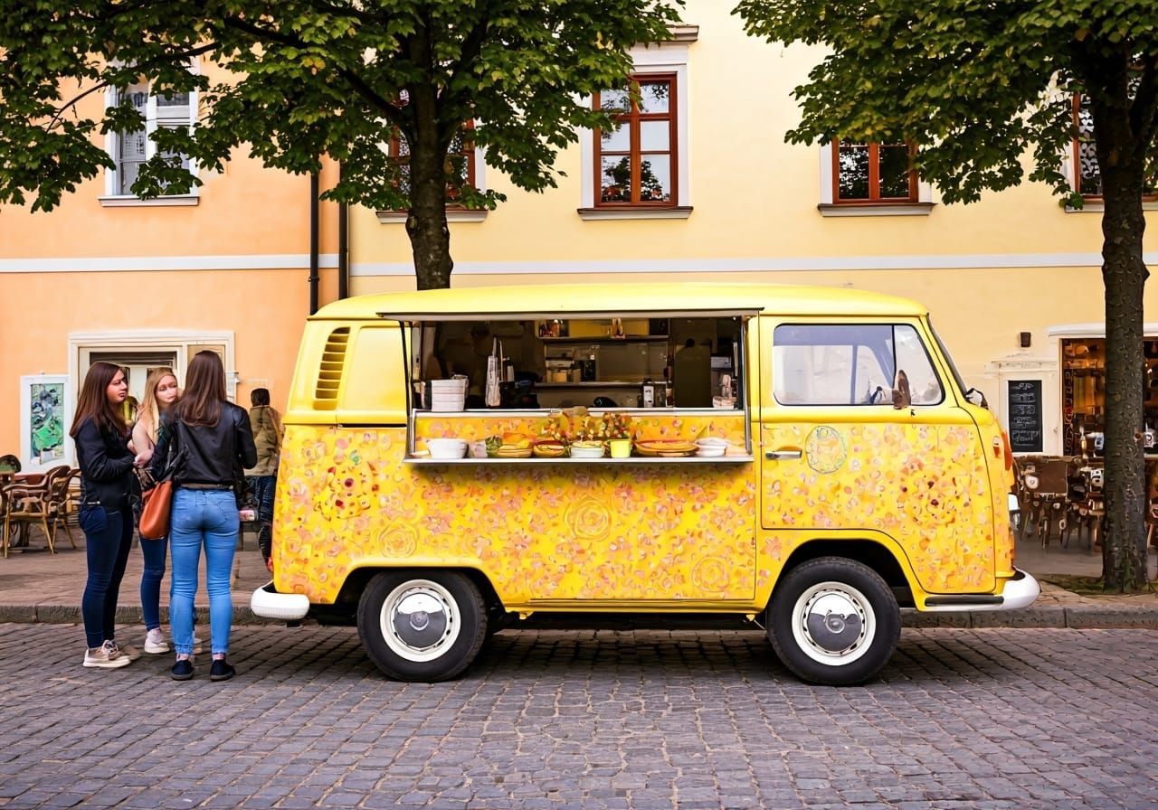 Floral Volkswagen Food Truck on Cobblestone Street