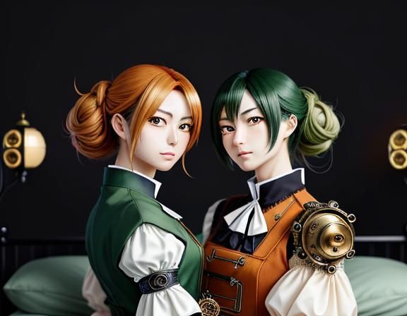 Twin Kemono Sisters Kissing in Steampunk Manga Style