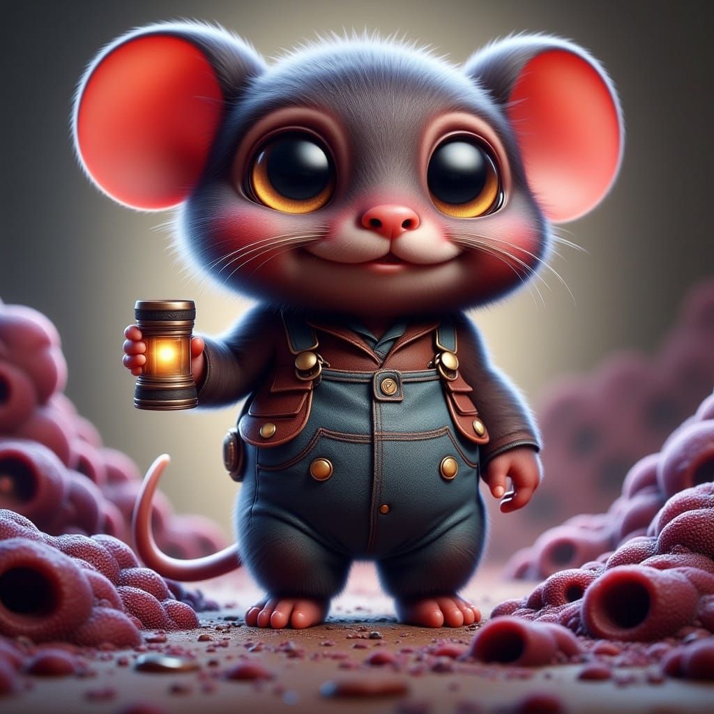 Whimsical Chibi Mouse Creature in Stitched Leather, Holding ...