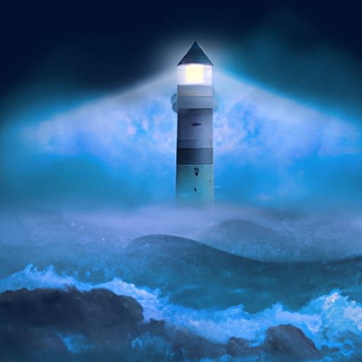 Lighthouse in Stormy Ocean at Night