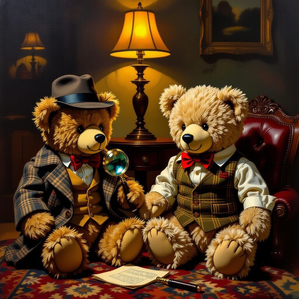 Sherlock Holmes and Watson as Teddy Bears in Oil Painting