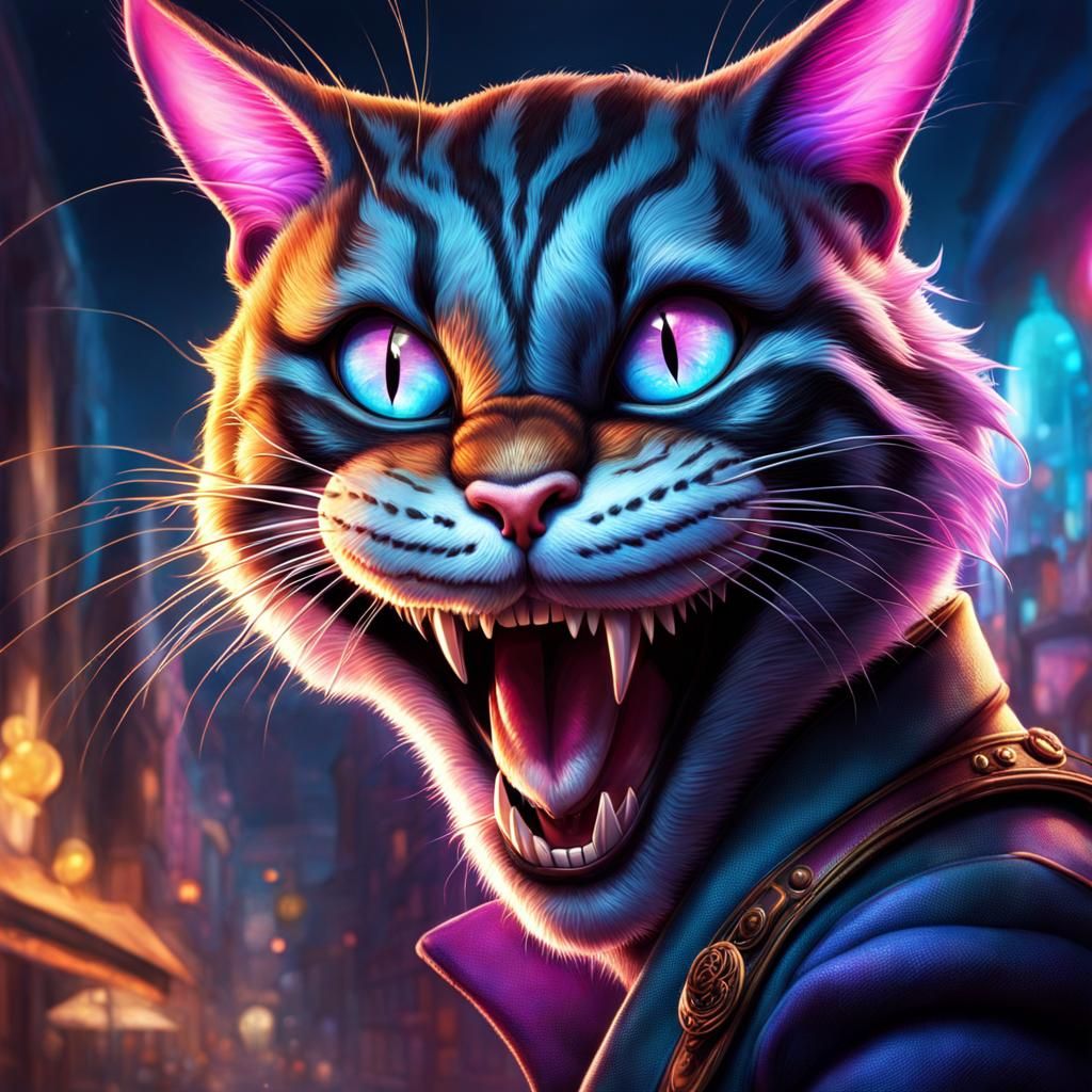 Hyperrealistic Time Traveler with Cheshire Cat Smile