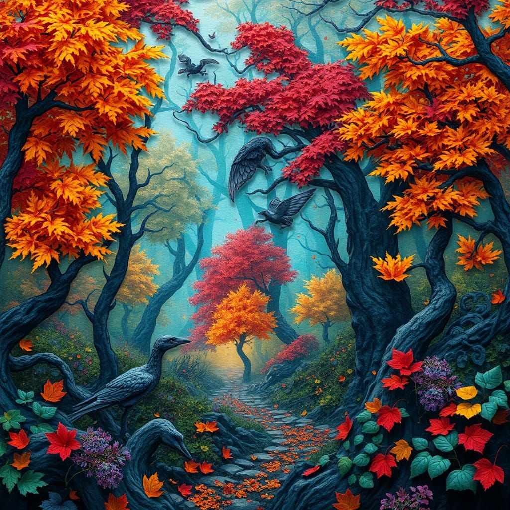 Enchanted Autumn Forest in Paper Collage Style
