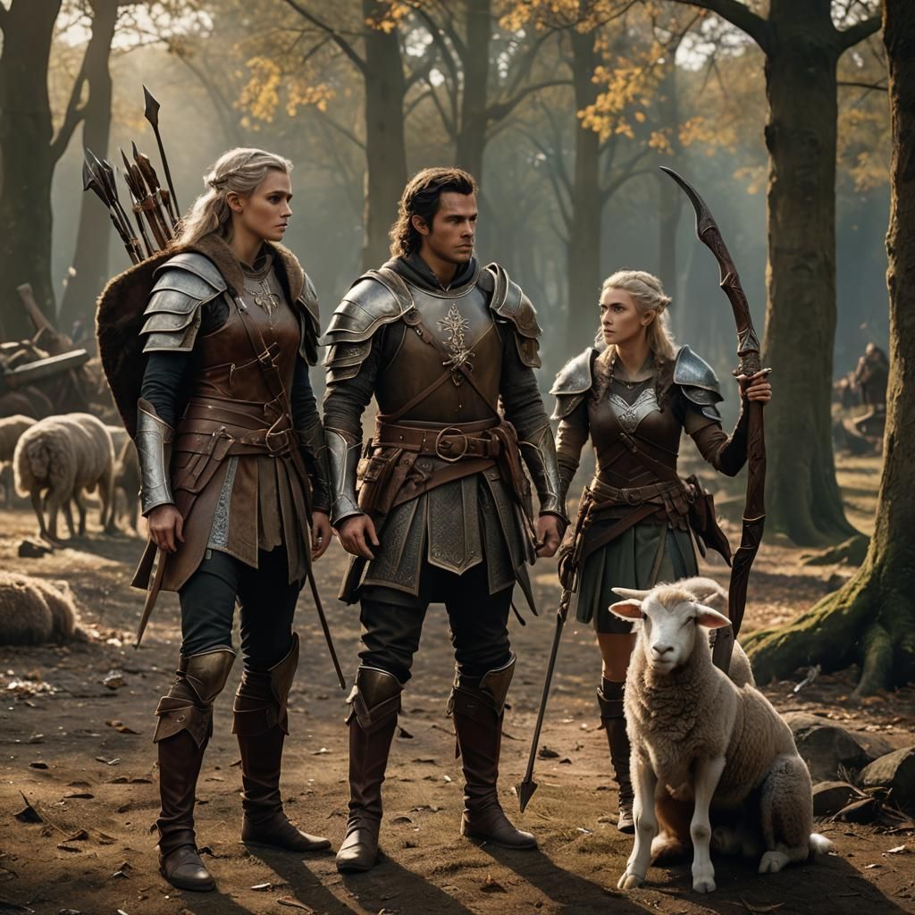 Elven Warriors Confront Lamb in Cinematic Fantasy Scene