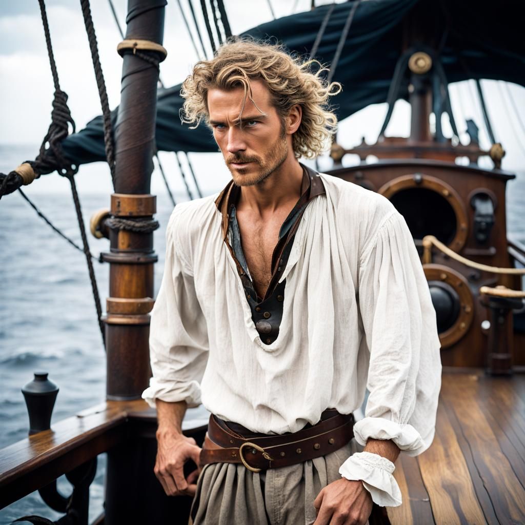 Brooding Young Pirate on Deck as Oil Painting