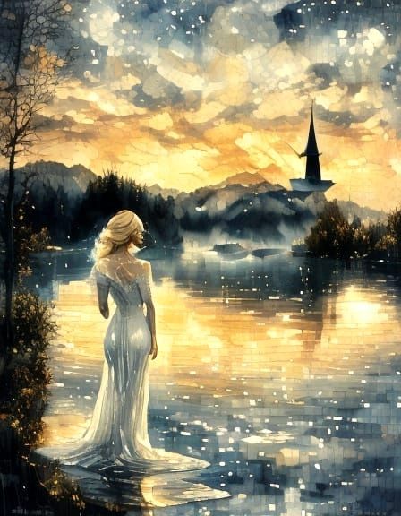 Mysterious Nordic Lake Scene with Woman in Nightgown