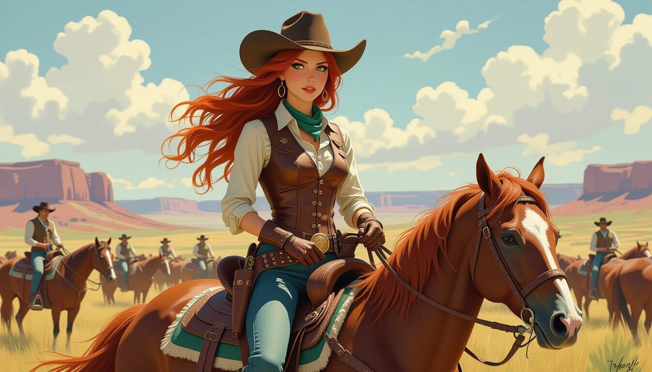 Cowgirl Leading Cattle Roundup in Wild West Style