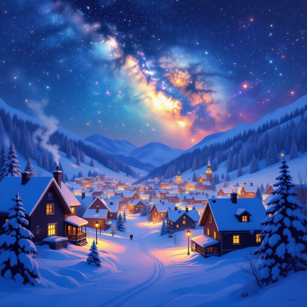 Rainbow Nebula Night Sky Over Snow Town