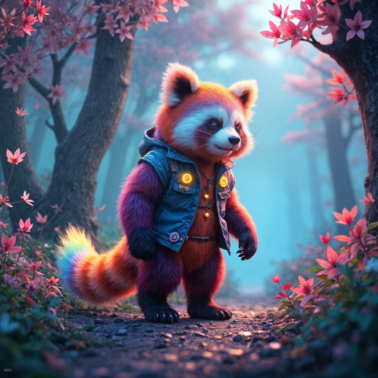 Neon Panda in Mystical Forest: Anime Style