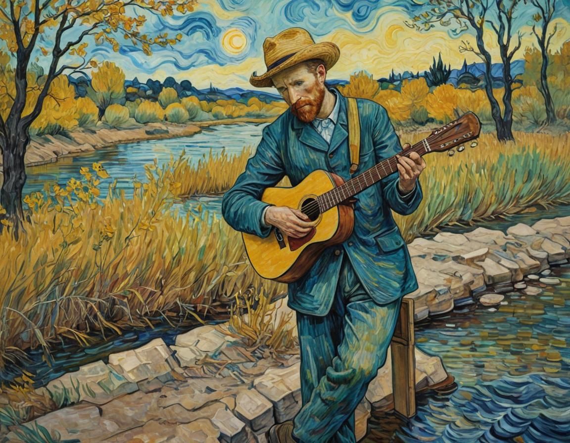 Vincent van Gogh Plays Guitar Under Dreamy Starry Skies