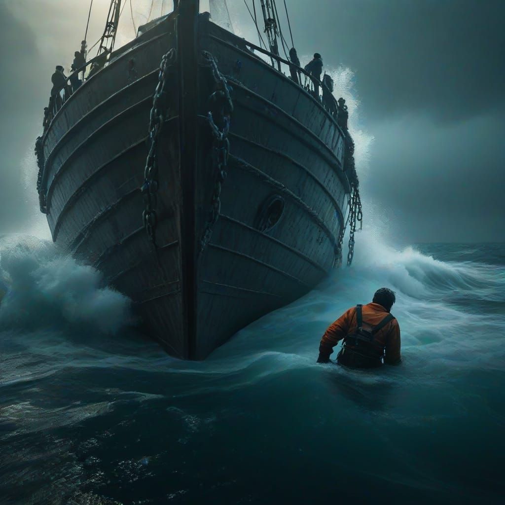 Man in Tattered Life Jacket Descends into Dark, Icy Atlantic...