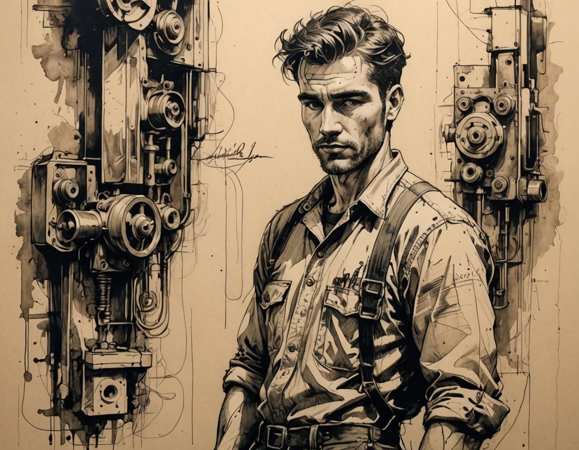 Vintage Mechanic Pin-Up: Alluring Ink Sketch