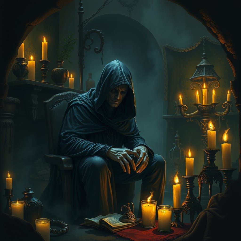 Ominous Mastermind in Glowing Lair, Dark Romanticism