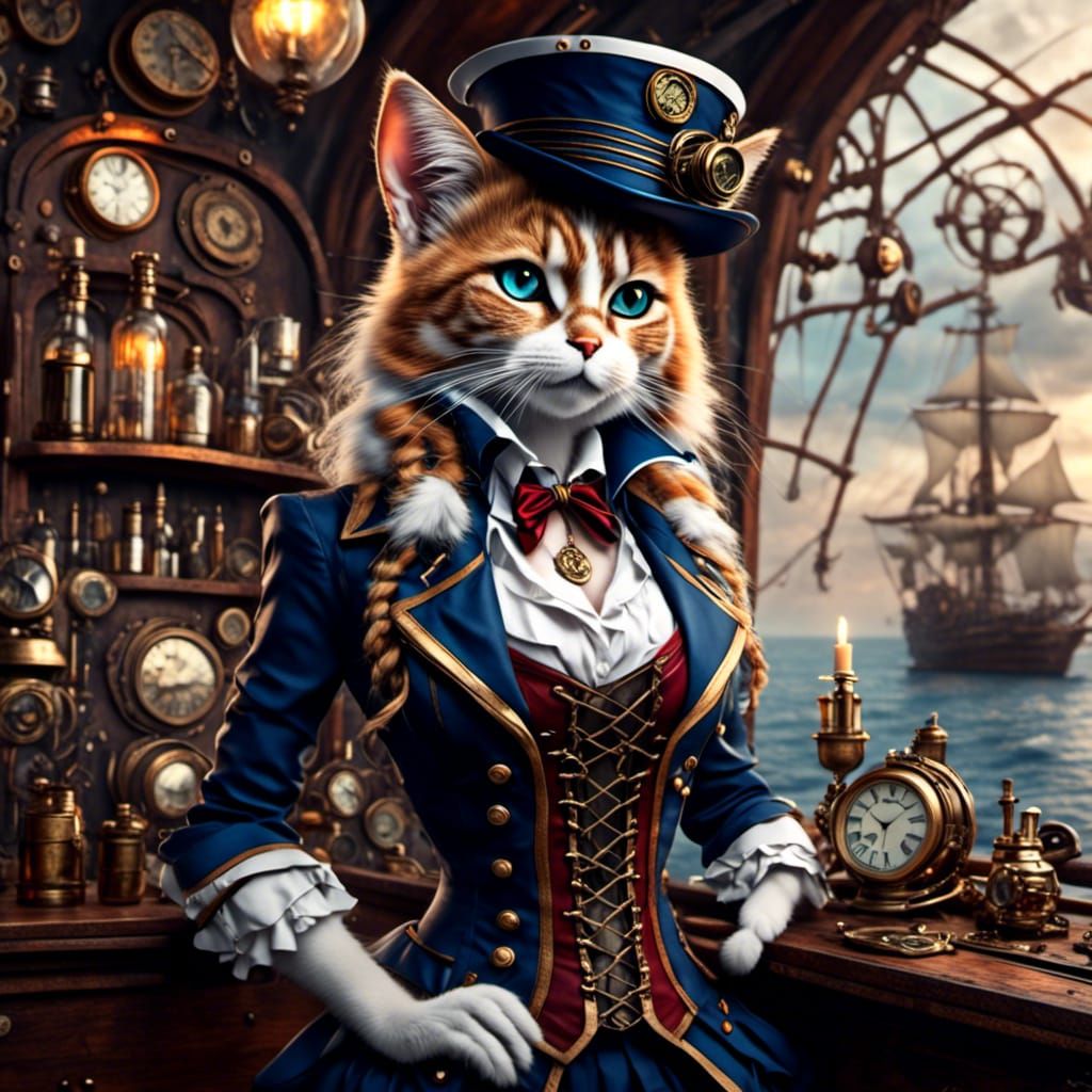 Steampunk Cat-Girl Sailor Portrait in Ink and Pencil Style